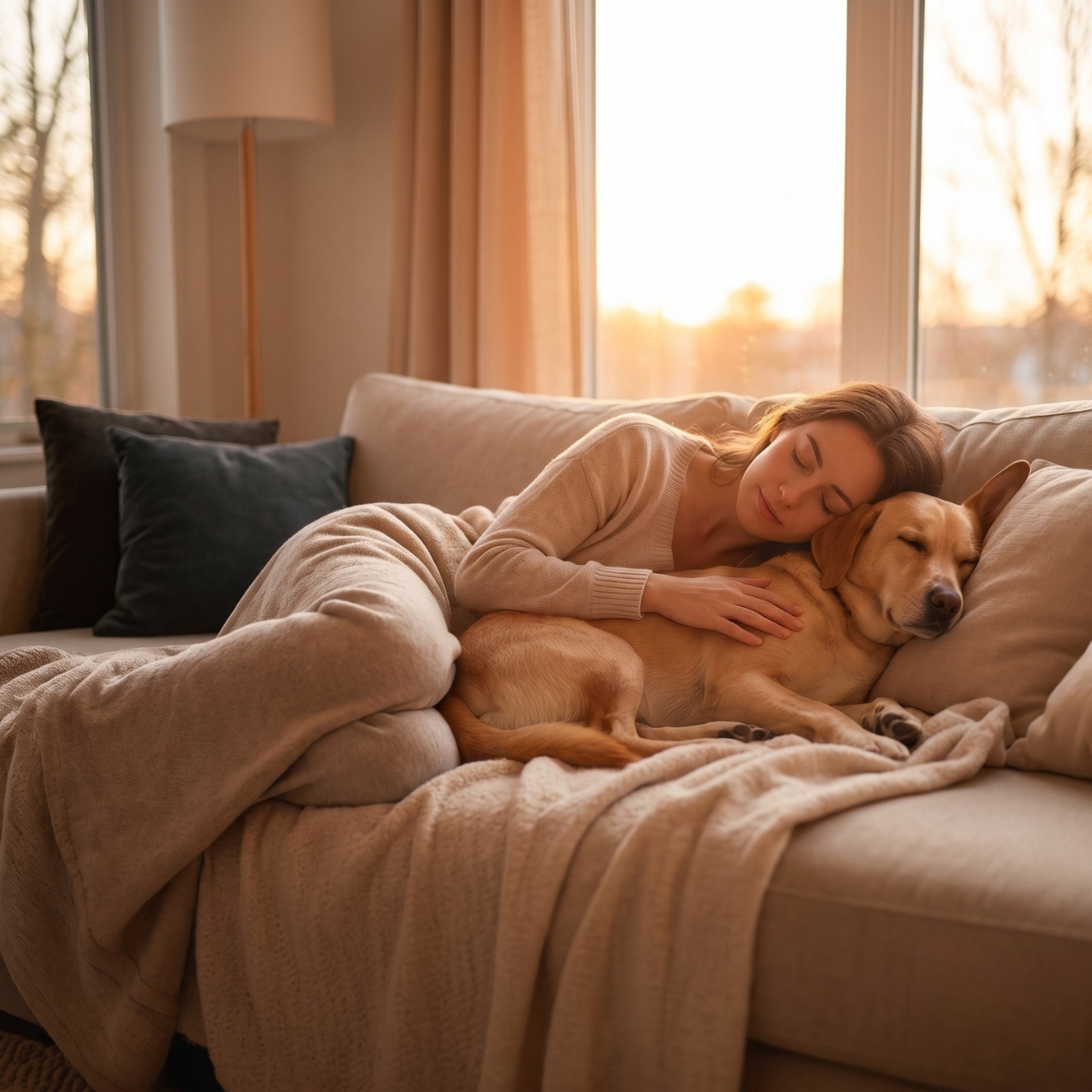 Mulher relaxando no sofá com seu cachorro em um momento de conexão e calma