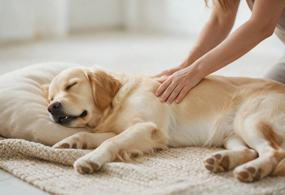 Cão dormindo relaxado enquanto recebe massagem suave nas costas