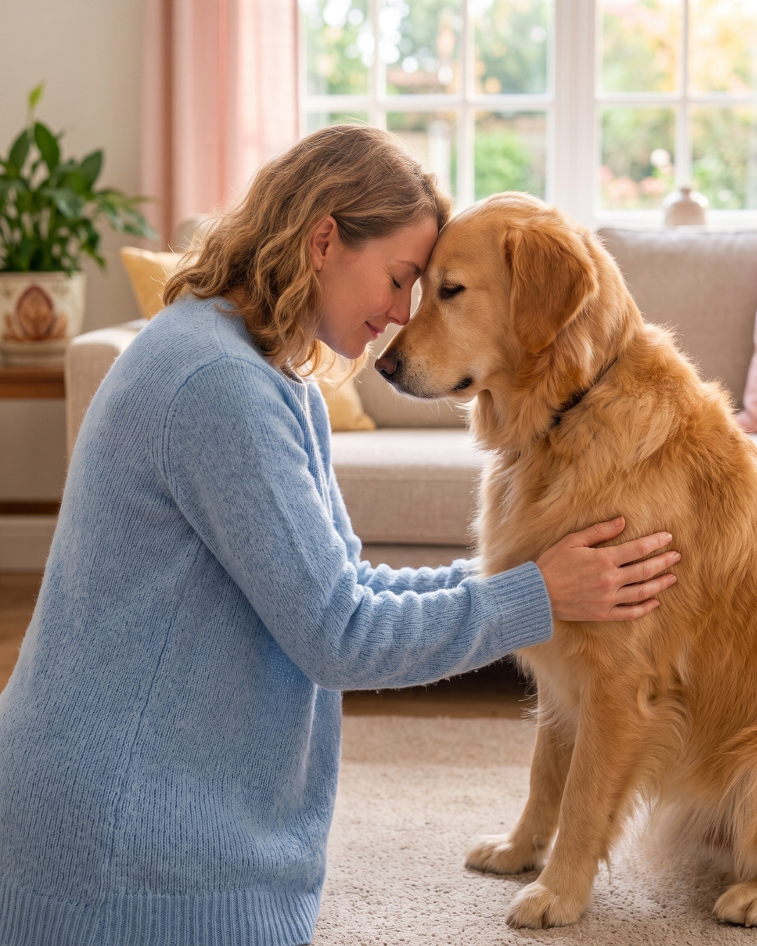 Pessoa em momento de conexão com um golden retriever
