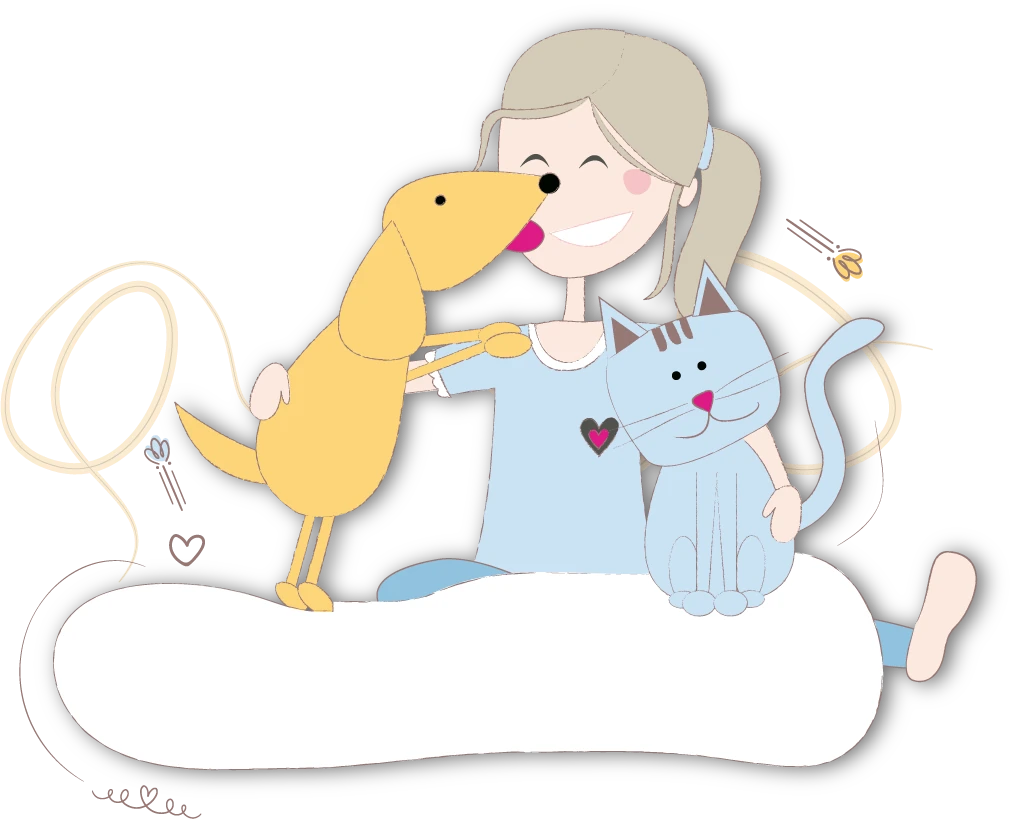 Menina com um cão amarelo e um gato azul sobre uma almofada