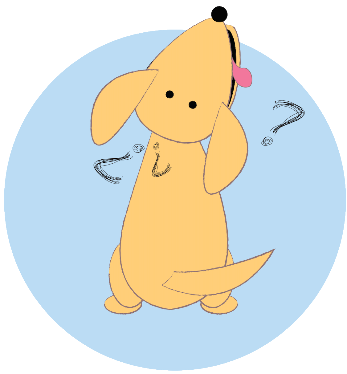 Ilustração de um cachorrinho amarelo com expressão curiosa