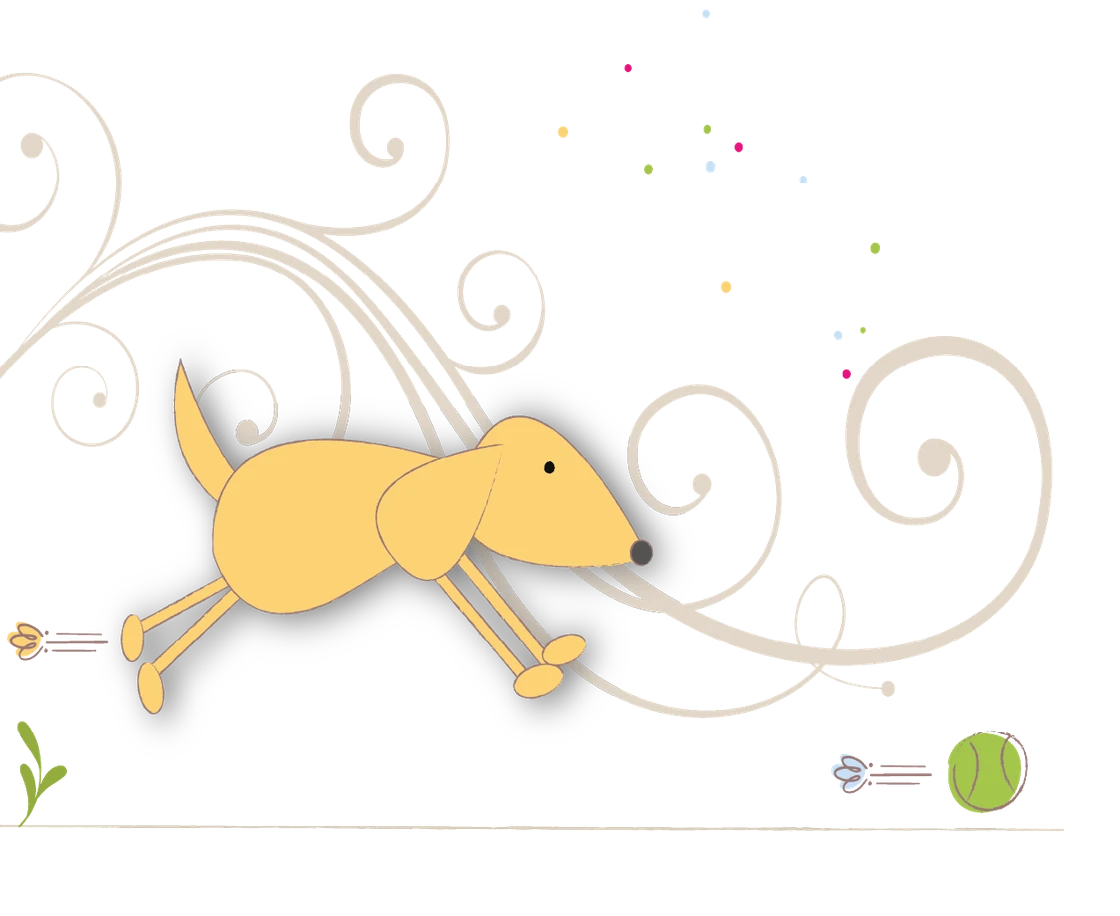 Cão amarelo correndo, representando mobilidade, bem-estar físico e emocional