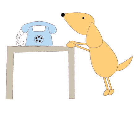 Ilustração da AnimaTherapy: cachorro apoiado na mesinha ao lado de um telefone azul, esperando a ligação