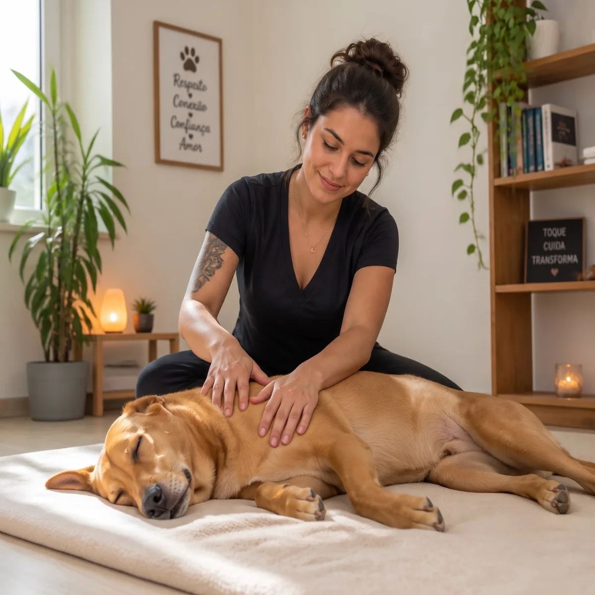 Mulher aplicando massagem relaxante em um cão deitado em ambiente acolhedor