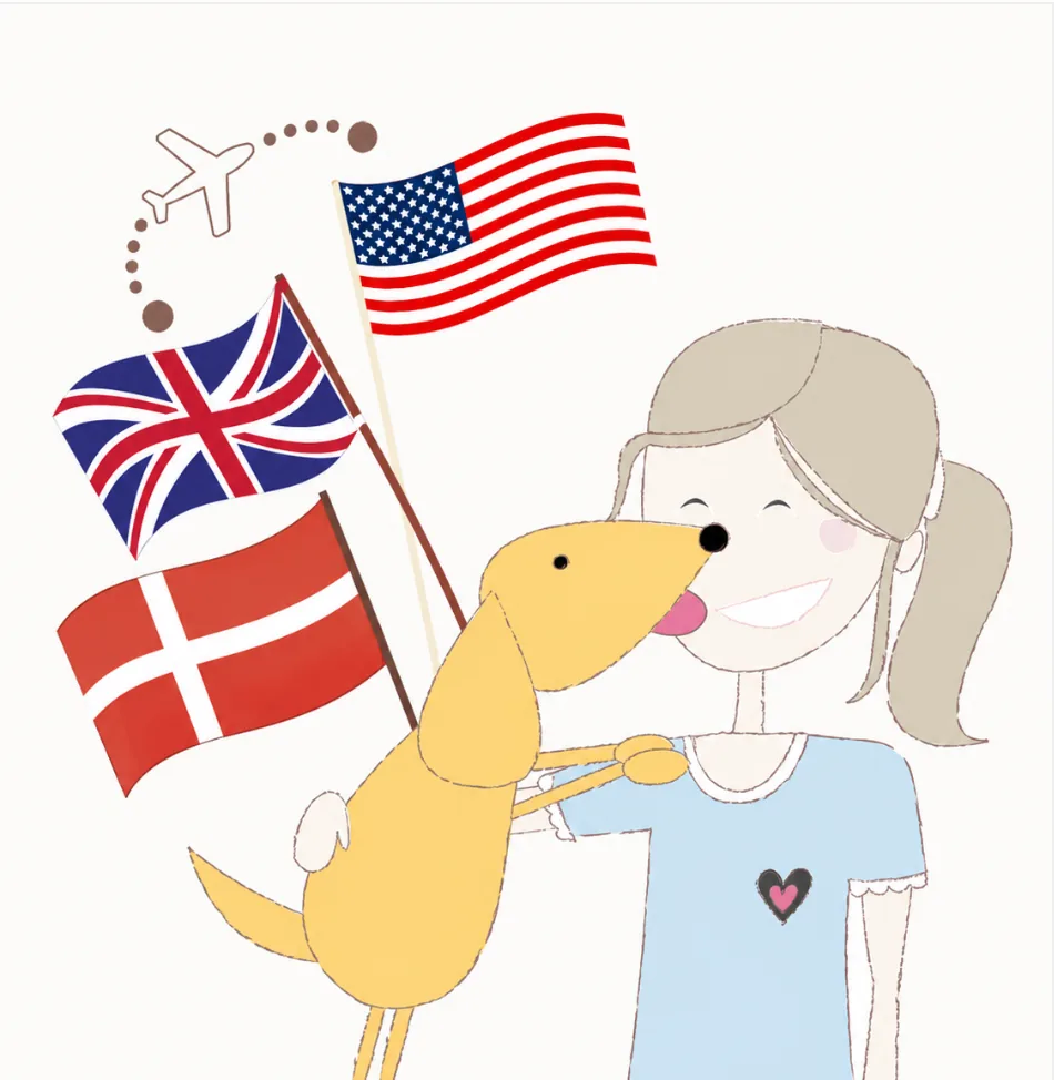 Ilustração de menina com cachorro e bandeiras dos países onde a professora buscou formação