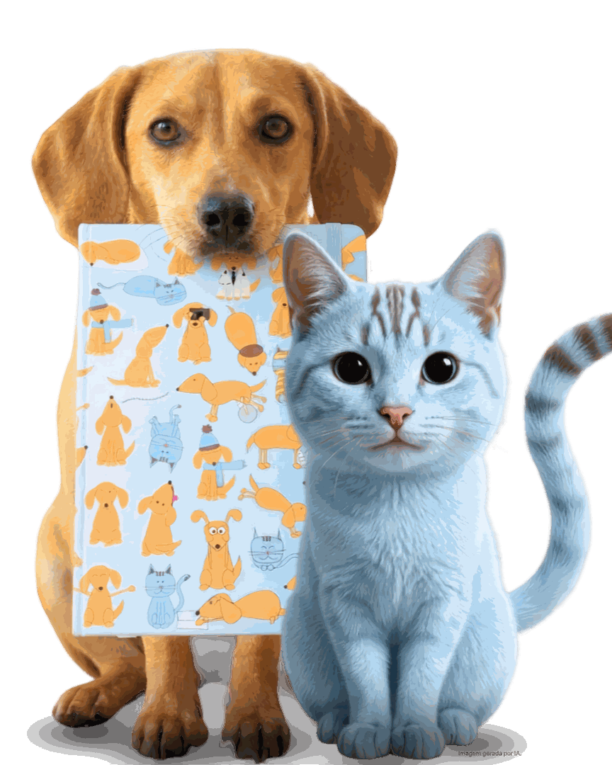 Cachorro com Caderno ECOA e gato